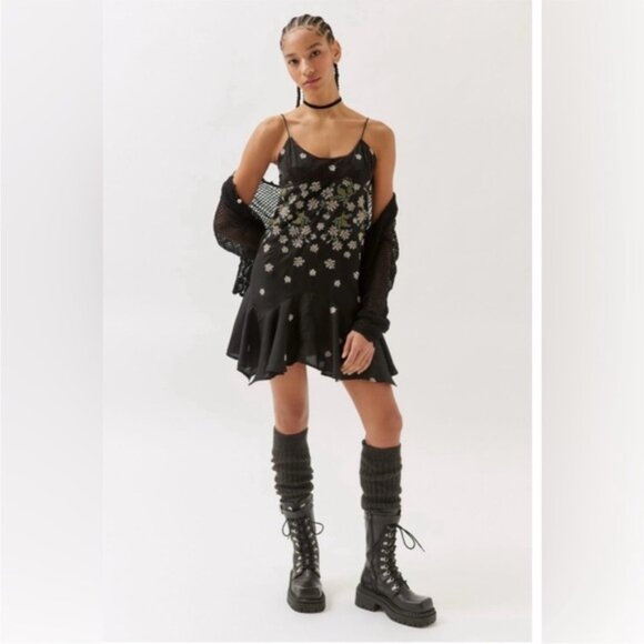 Urban Outfitters | Sienna Asymmetrical Embroidered Mini Dress Black New Large - Picture 3 of 8